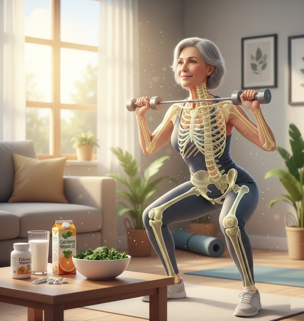 Adult woman in her 50s performing light exercise at home with visual illustration of thinning bones, alongside calcium-rich foods and supplements, representing natural support for osteopenia.